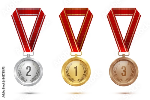Golden, silver and bronze blank medals hanging on red ribbons isolated on white background. Vector sports illustration.