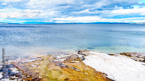 The shoreline of Yellowstone Lake at the West Thumb Geyser Basin in Yellowstone National Park, Wyoming, United States