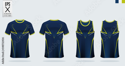 T-shirt mockup, sport shirt template design for soccer jersey, football kit. Tank top for basketball jersey or running singlet. Blue, Green Sport uniform in front view, back view. Shirt mock up Vector