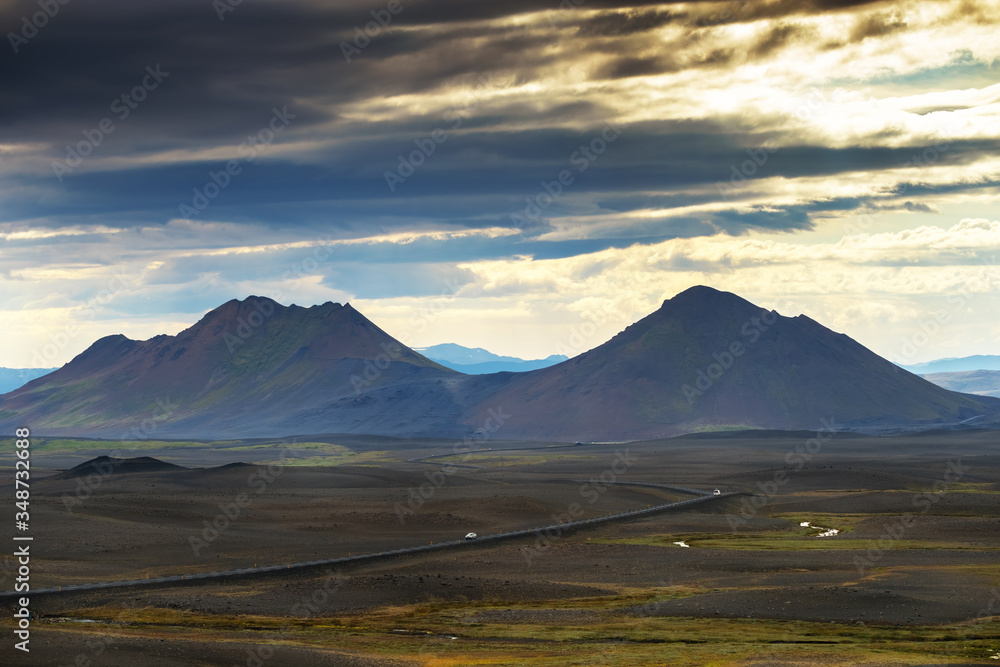 Beautiful view summer of road trip at north land, Iceland , tourist driving on the road at north land in Iceland