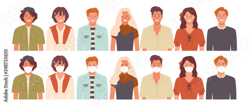 Group of people Smile / Wearing medical masks to prevent air pollution , disease,  contaminated air, flu, coronavirus. Vector illustration