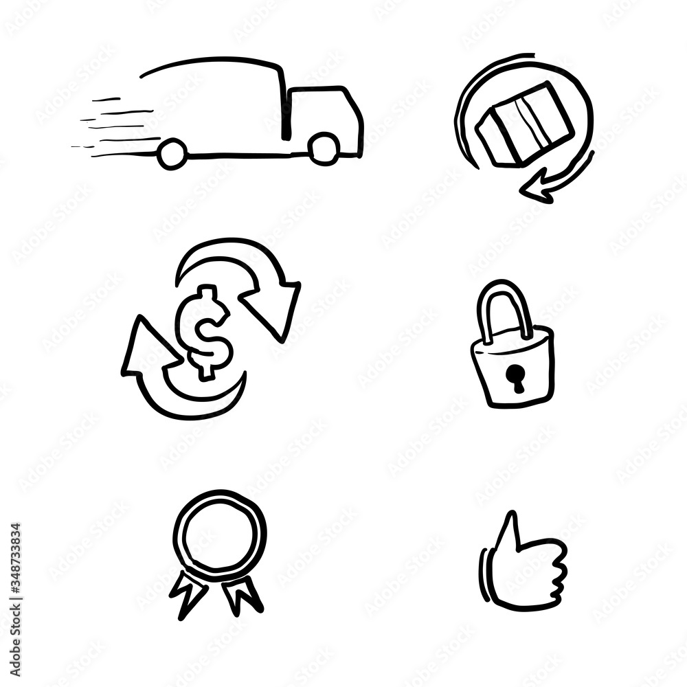Fototapeta premium hand drawn E-commerce security badges risk-free shopping icons set doodle