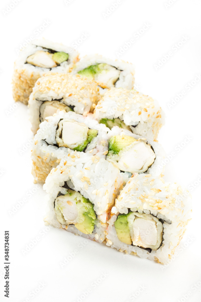 Sushi maki rolls with sesame seeds around them