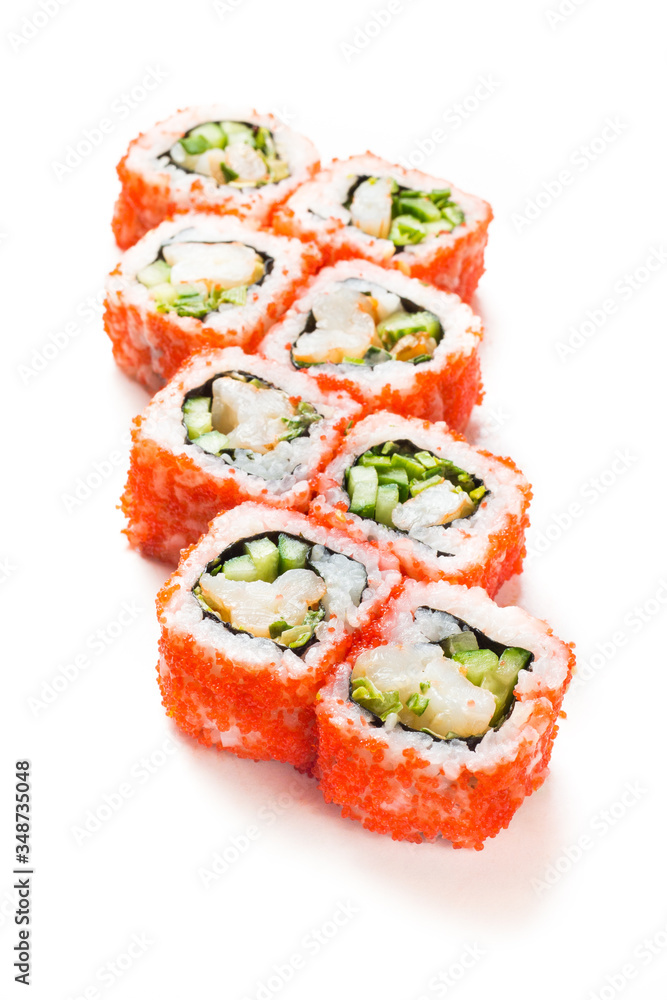 Sushi maki rolls with masago caviar around them Sushi maki rolls with masago caviar around them