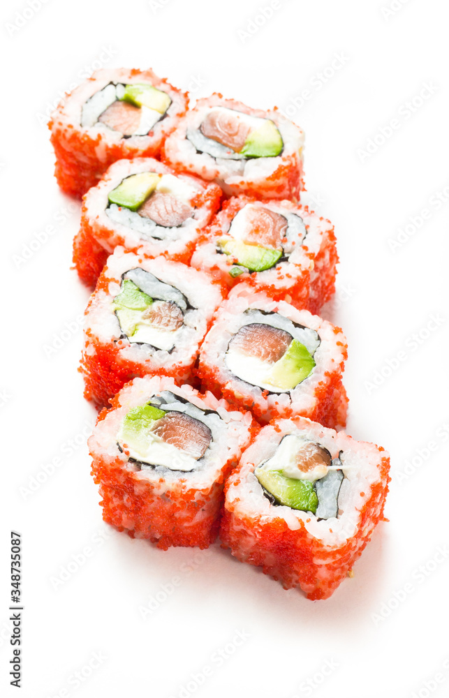 Sushi maki rolls with masago caviar around them Sushi maki rolls with masago caviar around them