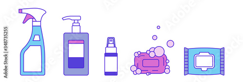 Types of Disinfection - vector set, isolated illustration. Liquid soap in dispenser bottle. Spray sanitizers. Alcohol wipes, soap bar. Hand disinfectant, Personal hygiene. Flat color outline icons