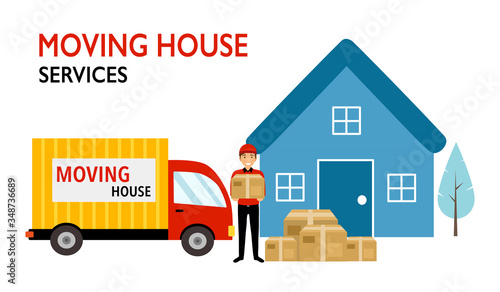 Moving house service concept vector illustration on white background. Delivery man standing with truck and holding cardboard box at customer house. Design for website, banner, poster.