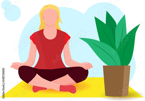 Woman meditating at home during quarantine time. Concept illustration for yoga, meditation, relax, recreation, healthy lifestyle. Vector illustration in flat cartoon style.