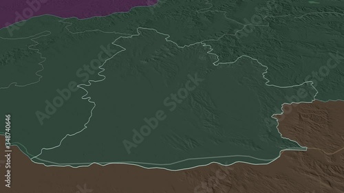 Nitriansky, region with its capital, zoomed and extruded on the administrative map of Slovakia in the conformal Stereographic projection. Animation 3D photo