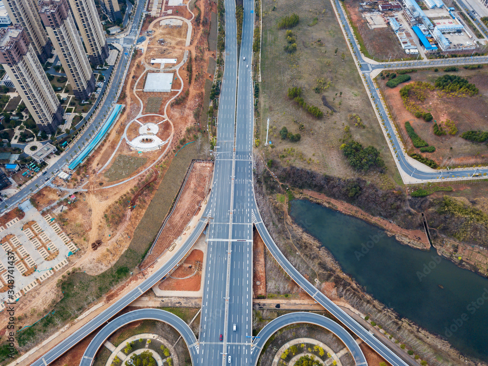 Transport junction traffic road with vehicle movement aerial view by drone Transport junction traffic road with vehicle movement aerial view by drone