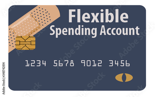 Here is a Flexible Spending Account debit card to be used for medical payments. The blue card includes art of an adhesive bandage. It is a vector isolated on white background.