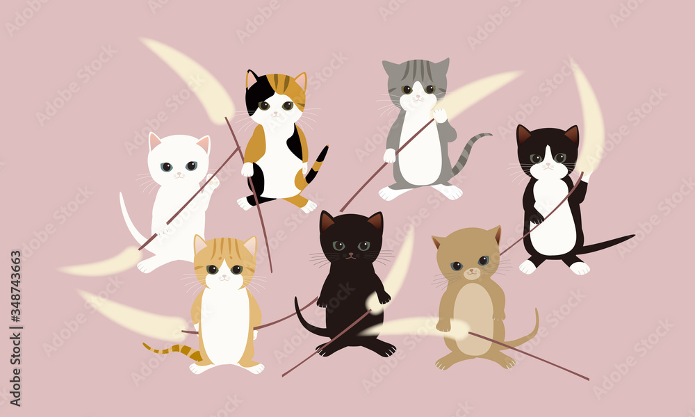 Obraz premium 千萱の穂を持った子猫 戦闘態勢を取る子ニャンズ