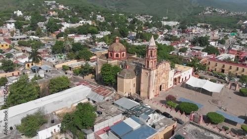 Aerial View of The 100-year-old downtown church of Jalpa de Serra in Queretaro Mexico
