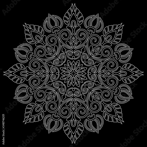 White outline mandala on a black doodles sketch