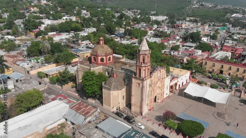 Aerial View of The 100-year-old downtown church of Jalpa de Serra in Queretaro Mexico