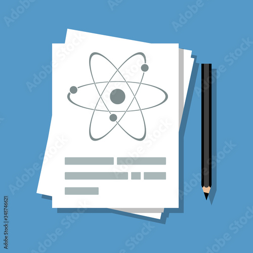 paper sheets with atomic sign, physics discovery or lesson overview