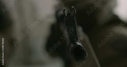 Soldier Shooting From A Machine Gun On A Shooting Range, Close Up.