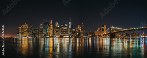 Panoramic view of Manhattan Bridge and Lower Manhattan Financial Disctrict at night with long exposure