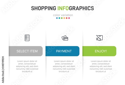 Concept of shopping process with 3 successive steps. Three colorful graphic elements. Timeline design for brochure  presentation  web site. Infographic design layout.