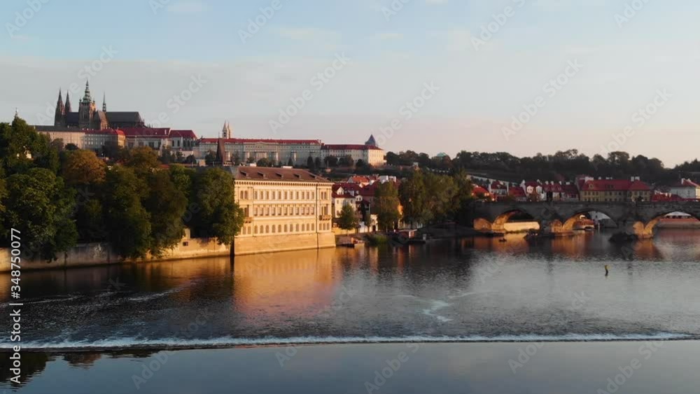 Aerial view to Vltava river, Charles bridge and the city, Prague, Czech Republic