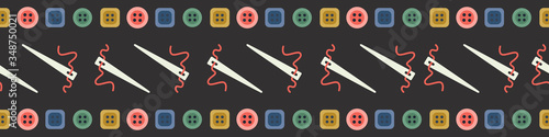 Buttons and needles seamless vector border. Flat illustration for scotch tape, sewing tape, clothes tags, scrapbooking paper