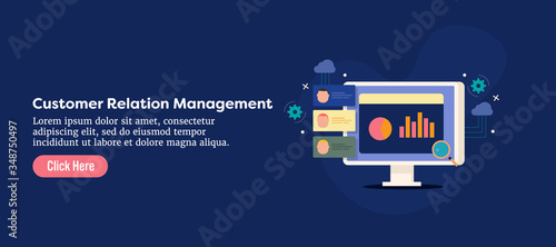 CRM software solution, business analysis, company strategy and planning, customer relationship management technology concept. Web banner with text and button.