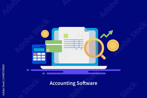 Accounting software solution, business financial management app, online balance sheet report, income calculation, small business audit concept. Web banner template.