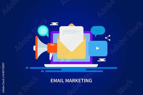 Flat design web banner - email marketing, internet technology, online newsletter promotion, social media communication, branding concept with blue background.
