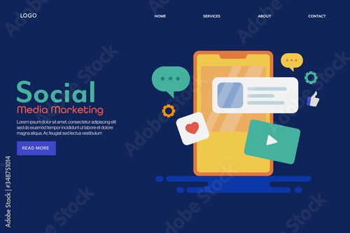 Social media marketing, online networking, engaging content, communication technology with mobile device. Flat design landing page template with text and button.