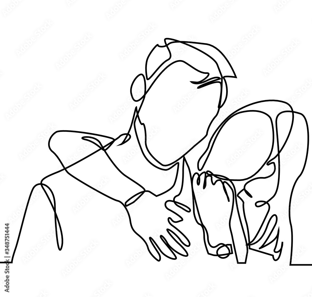 continuous line drawing of loving couple embracing and kissing. Girl ...