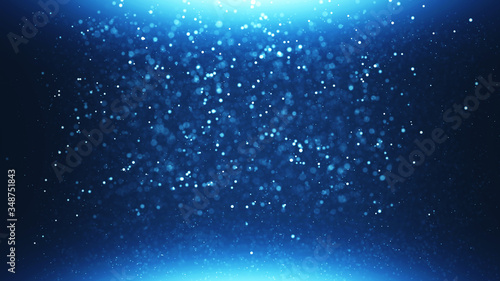 Blue particles shining stars dust bokeh glitter awards dust abstract background. Futuristic glittering in space on black background.