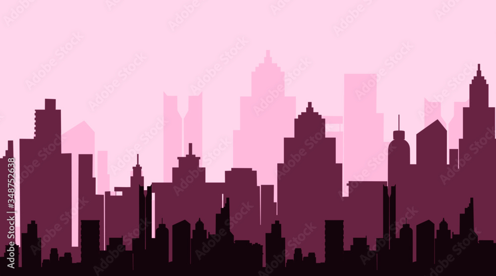Vector Modern City Skyline Silhouette Background.violet Tone