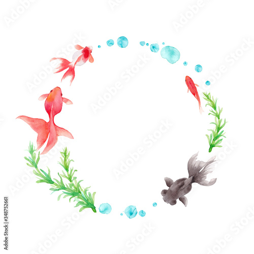 金魚と水草で装飾した円形フレーム。水彩イラストのトレースベクター