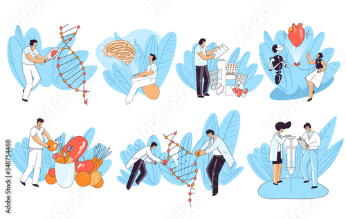 Set of vector illustration concept about human health, genetic research, heart and brain medical check up, cell nutrition treatment isolated on white background. Medical human health illustrations
