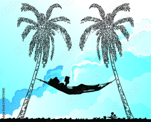 Woman Reading a book relaxing in a hammock between two stylized palm trees on cloudy sky background