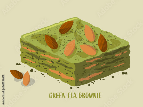 Green tea brownies with almond topping vector design