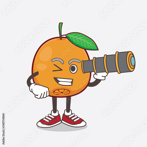 Navel Orange cartoon mascot character using a monocular