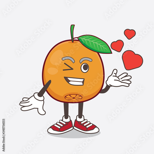 Navel Orange cartoon mascot character teasing with heart kiss