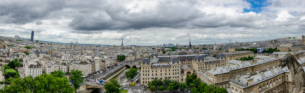 Panoramic view from the towers of Notre-Dame Cathedral, Paris, France.
