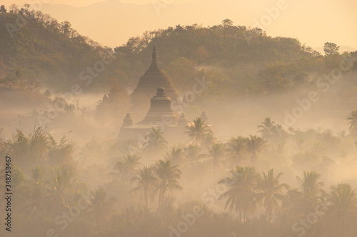 Beautiful sunrise at Mrauk U ancient city in Rakhine state, Myanmar