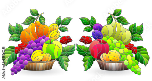 A set of stained glass elements with abstract fruit still lifes, bright fruits and berries isolated on a white background