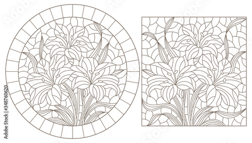 Set of contour stained glass illustrations with bouquets of Lily flowers, dark outlines on white background