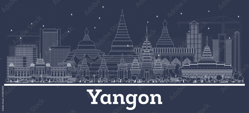 Outline Yangon Myanmar City Skyline with White Buildings.