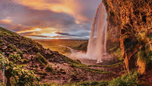 Waterfall with Sunset  Seljalandsfoss Iceland