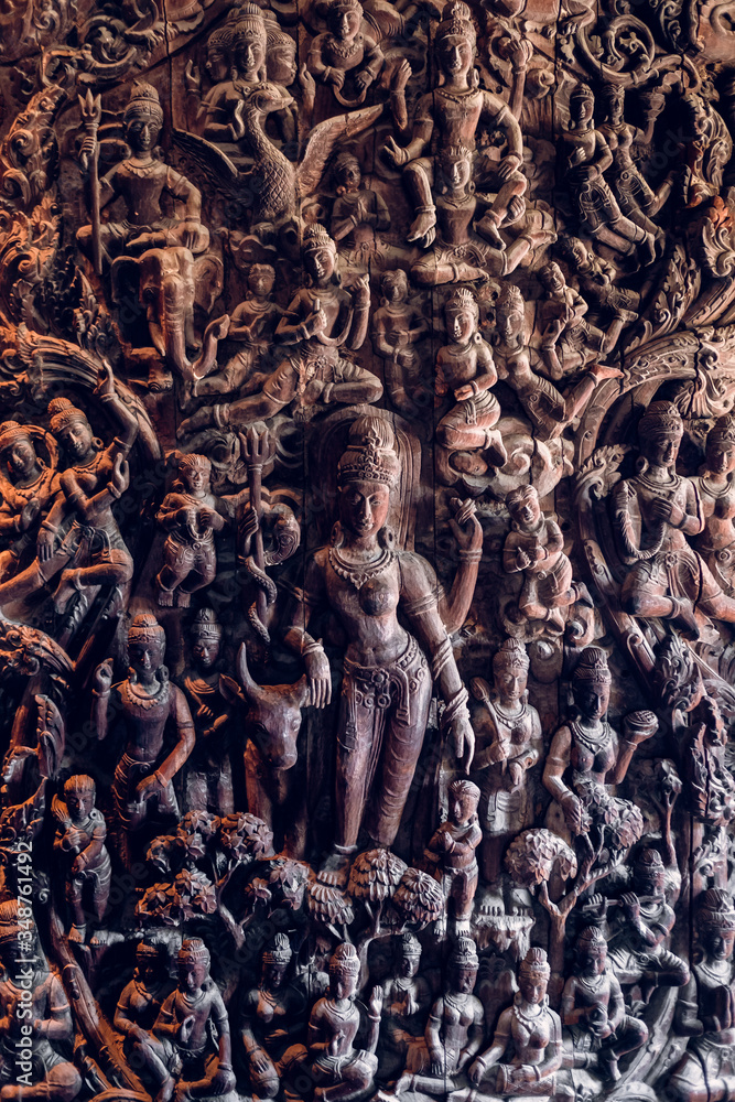 Thailand, Pattaya December 2019 Fragment of the Temple of truth in Pattaya. A huge wooden temple with carved decorations. Buddhist temple. Religious building in Pattaya Tourist attraction of Thailand