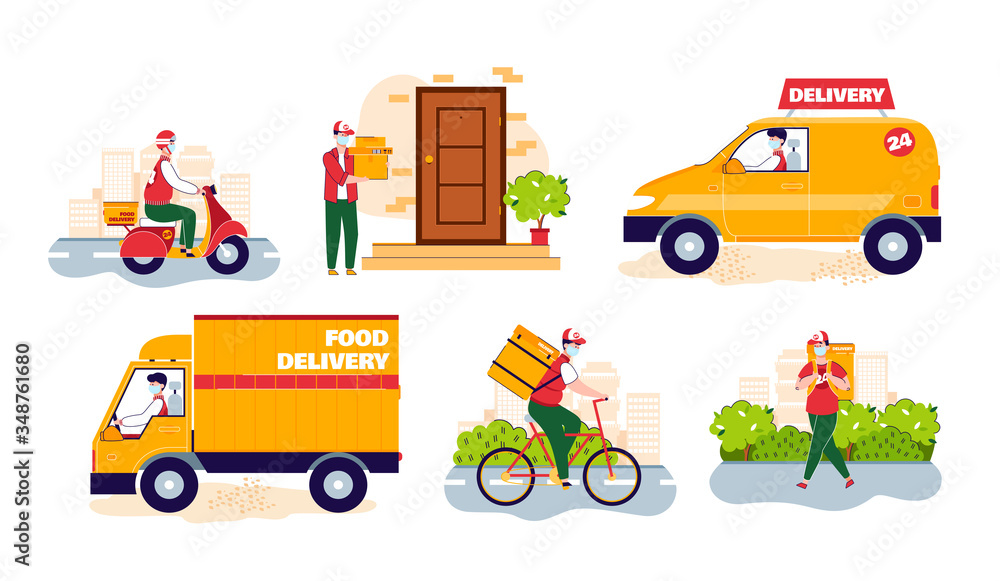 Naklejka premium Courier people wearing medical mask and gloves for contactless delivery