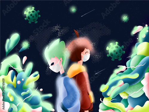 Two boys wearing medical masks to prevent disease  flu  air pollution  contaminated air  world pollution. Cartoon illustration in a digital painting style