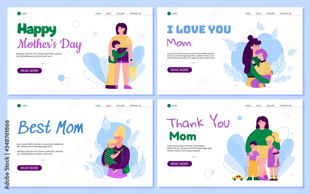 Happy Mother Day banner set with cartoon woman hugging her children Happy Mother Day banner set with cartoon woman hugging her children