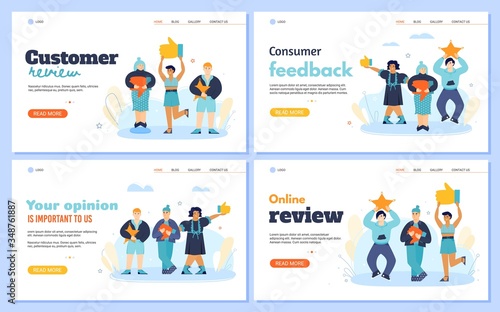 Web banners for customers feedback review page flat cartoon vector illustration.
