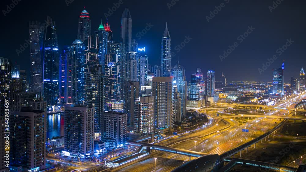 Timelapse Sheikh Zayed Road night traffic from The Jumeirah Lakes Towers skyscrapers, Dubai, United Arab Emirates, UAE Timelapse Sheikh Zayed Road night traffic from The Jumeirah Lakes Towers skyscrapers, Dubai, United Arab Emirates, UAE